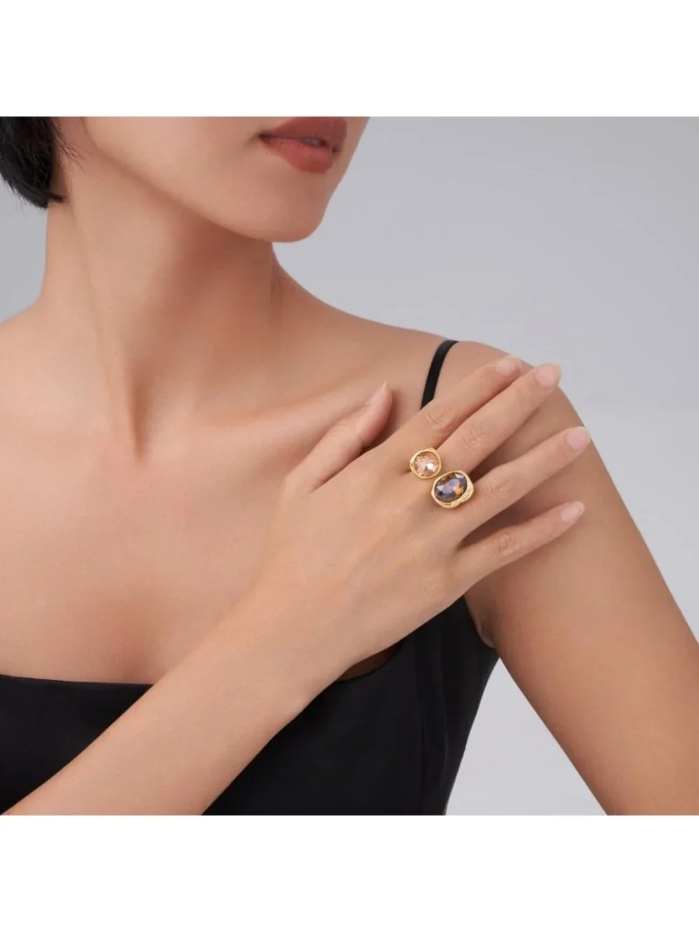 Vintage Open Statement Ring with Cubic Zirconia & Crystal Gemstones - Adjustable